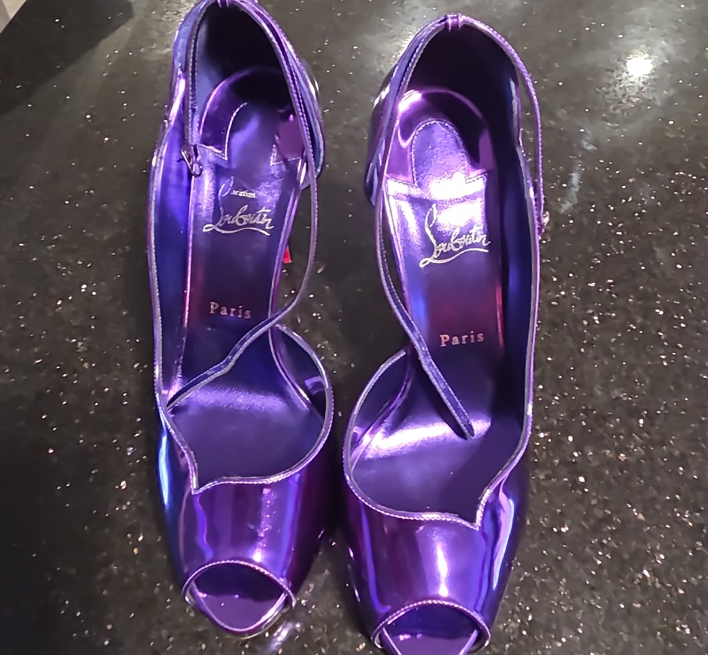 Christian Louboutin Metallic Purple Patent Peep-Toe Heels
